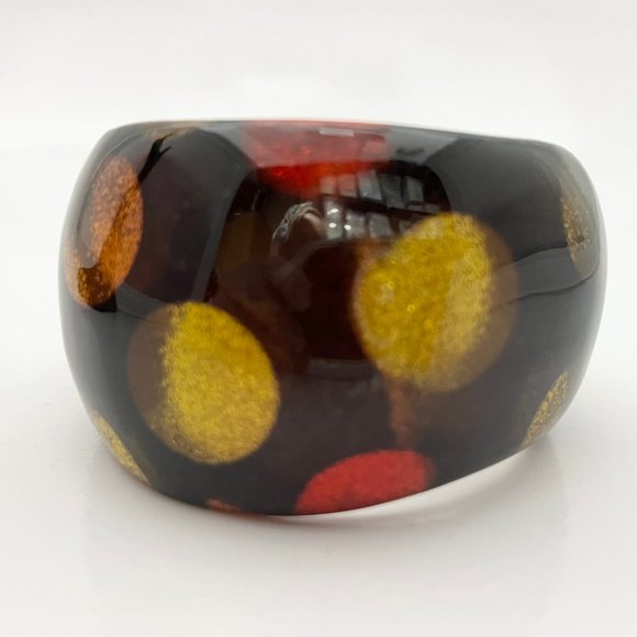 LUCITE POLKA DOT BANGLE BRACELET, CHUNKY DARK BROWN COPPER RED, CITRINE GLITTER - Picture 7 of 8